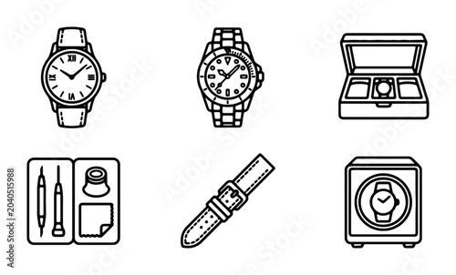 Foto Watch Icons Set: Timepieces, Accessories, and Tools for Luxury and Style