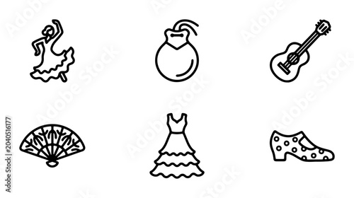 Schilderij op canvas Flamenco Dancer Icons, Spanish Guitar, Castanets, Fan, Dress, Shoes Vector Set