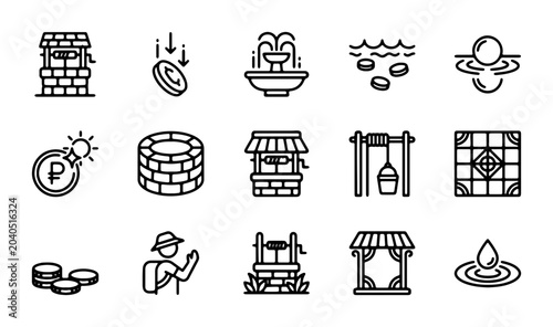 Foto Water Well Icons, Fountain, Coins, Droplet, Rural Village Elements, Vector Set