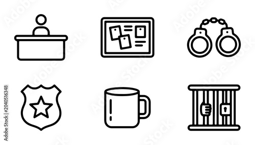 Foto Law Enforcement and Justice Icons: Police Badge, Handcuffs, Jail Cell, Desk, Mug