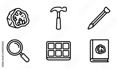 Tableau sur toile Geology Icons Set: Rock Hammer, Magnifying Glass, Fossil Book, Tools for Science