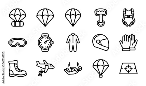 Foto Skydiving Equipment Icons, Parachute Gear Vector Set, Extreme Sports Symbols, Ad