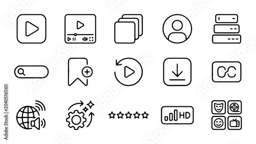 Bild auf Leinwand Vector Icons: Play Button, User Profile, Search, Download, Settings, HD, Media P