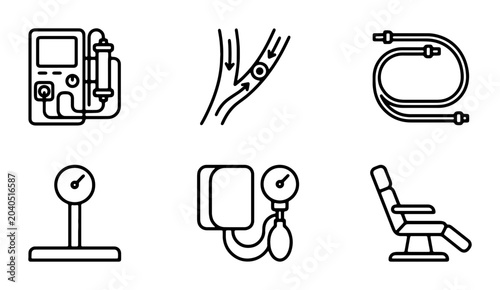 Foto Medical Equipment Icons: Dialysis Machine, Blood Flow, BP Monitor, Scale, Chair