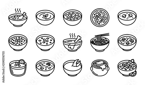 Fotografie 15 Soup Icons, Hot Food Bowls, Culinary Vector Set, Restaurant Menu Graphics