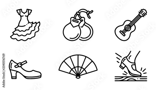 Foto Flamenco Dancer Icons: Dress, Castanets, Guitar, Shoe, Fan, Stomp, Vector Set