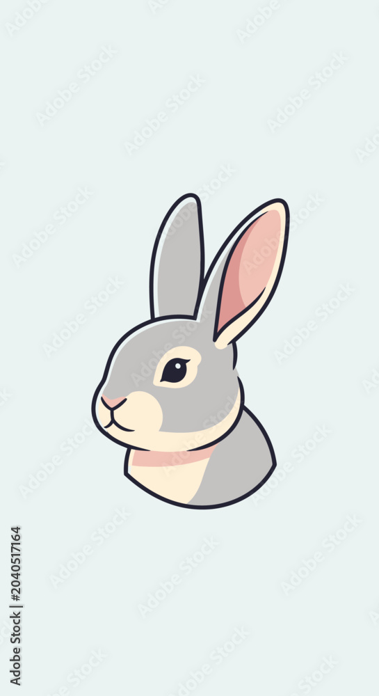 Obraz premium Cute cartoon rabbit portrait, simple illustration, grey bunny head, isolated on light blue background