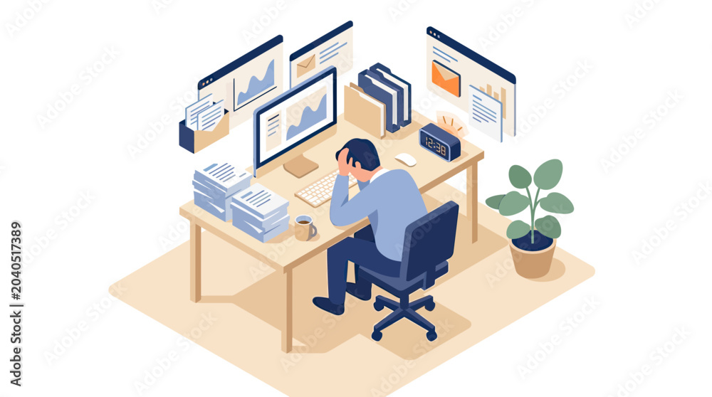 Fototapeta premium Stressed Businessman Overwhelmed by Heavy Workload and Deadlines in Isometric Office Illustration