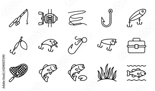 Bild auf Leinwand Fishing Icons Set: Rod, Reel, Lures, Hooks, Net, Tackle Box, Fish, Aquatic Plant