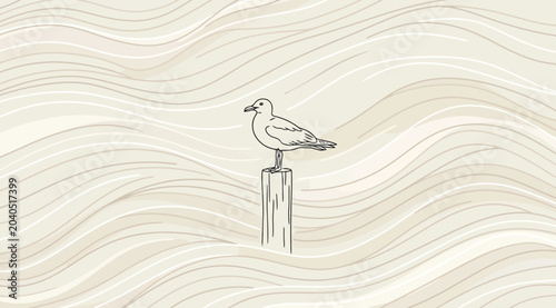 Foto Seagull perched on a wooden piling against a background of flowing abstract line