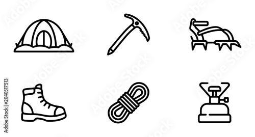 Bild auf Leinwand Mountain Climbing Gear Icons, Outdoor Adventure Equipment Set, Camping Tools Vec