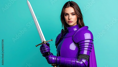 Woman in Purple Armor Holding a Sword Posing Against a Teal Background.