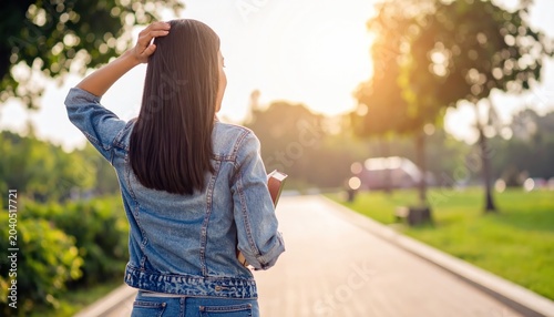 Woman Walking Down Path at Sunset.