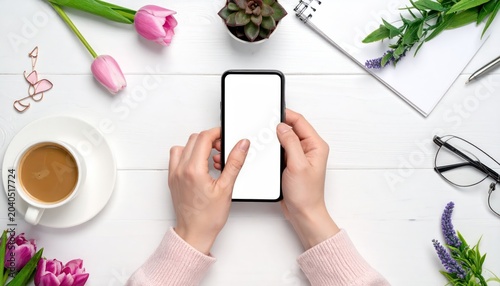 Woman Using Smartphone with Coffee and Flowers.
