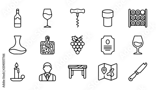 Bild auf Leinwand Wine Icons Set: Bottle, Glass, Corkscrew, Grapes, Decanter, Rack, Sommelier, Map