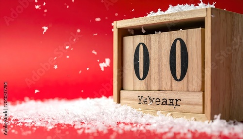 Wooden calendar with the date zero zero on a red background with snow, New Year concept.