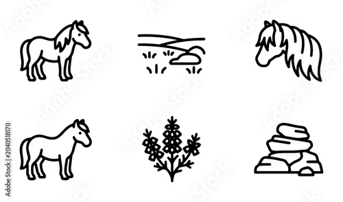 Schilderij op canvas Pony Icons, Icelandic Horse Illustrations, Rural Landscape Elements, Nature Vect