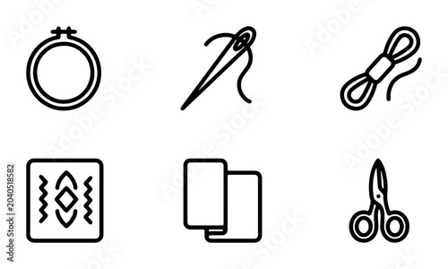 Fotografie Embroidery Hoop, Needle, Thread, Fabric Swatches, Scissors Icons: Sewing Craft S