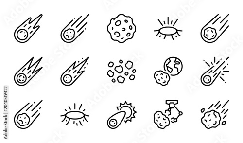 Schilderij op canvas Meteorite Icons Set, Space Objects Vector Graphics, Cosmic Phenomena Line Art, A