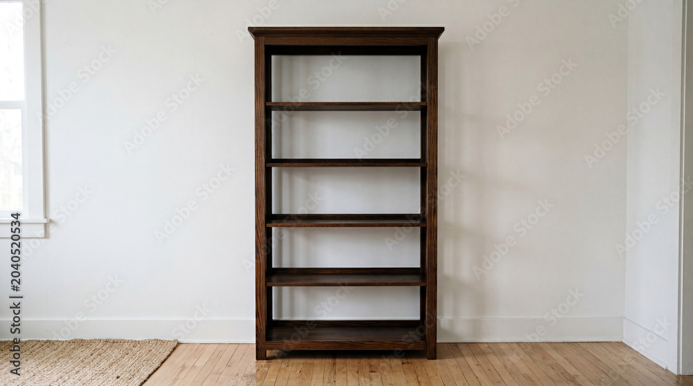 Fototapeta premium A tall, dark brown wooden bookshelf stands against a white wall in a room with a window and hardwood floor.