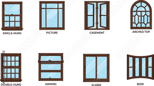 Tableau sur toile Window Types Icon Set with Single Hung, Picture, Casement, Arched, Double Hung,