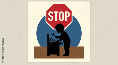 Foto Red Stop Sign Over Child Working Silhouette