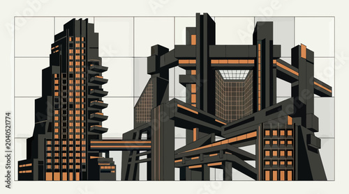 Futuristic Brutalist Architecture Vector Illustration with Complex Geometric Structures and Industrial Cityscape