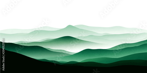 Fotografia Misty emerald mountain range landscape, layered green peaks fade into atmospheric haze