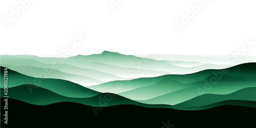 Cuadro en lienzo Majestic layered mountain panorama rendered in gradient shades of emerald green, evoking tranquil serenity and natural grandeur