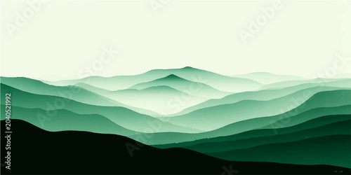 Cuadro en lienzo Ethereal green mountain range, shrouded mist, layered effect, evoking tranquility natural majesty
