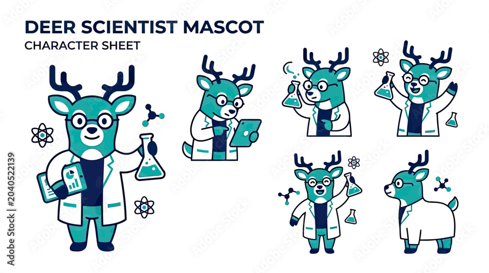 Obraz premium Deer Scientist Mascot Character Sheet Set with Cute Reindeer in Lab Coat Holding Science Equipment and Tablet