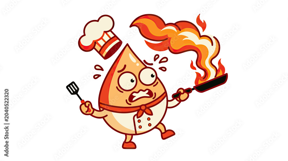 Obraz premium Funny cartoon oil drop chef mascot panicking with a flaming frying pan, kitchen cooking accident vector illustration