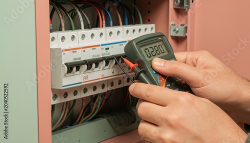 Close-up of hands holding a digital multimeter to a circuit breaker panel for electrical safety, home maintenance and professional infrastructure repair with visible grain