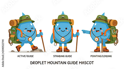 Cute Water Droplet Character Set as Mountain Guide Mascot with Backpack and Trekking Gear
