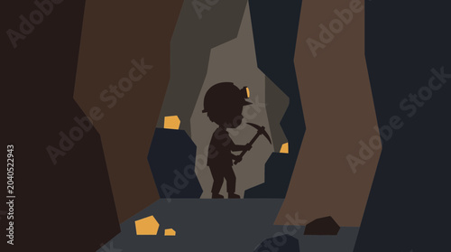 Tableau sur toile Child Mining in Dark Underground Tunnel