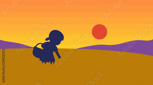 Quadro su tela Silhouette of Child Laborer at Sunrise Field