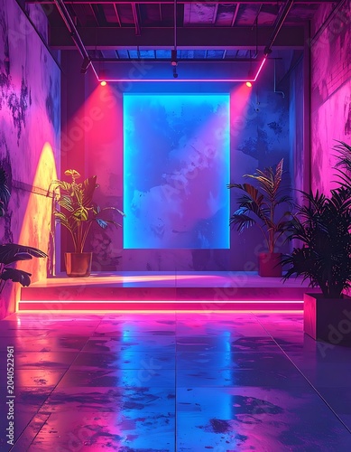 A futuristic stage with neon lights and plants on a concrete floor (1)