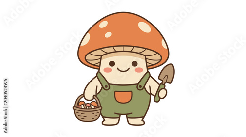 Cute Kawaii Mushroom Gardener Character Holding a Shovel and Basket, Adorable Cartoon Vector Illustration