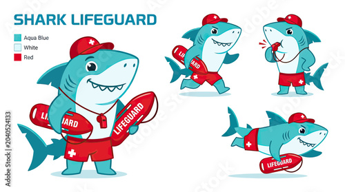 Cute Shark Lifeguard Character Illustration Set, Funny Cartoon Mascot in Red Uniform with Rescue Buoy, Swimming and Blowing Whistle