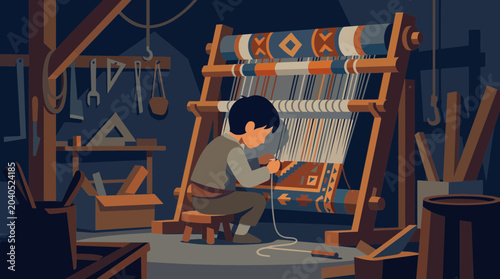Tableau sur toile Child Weaving Carpet in Dim Workshop