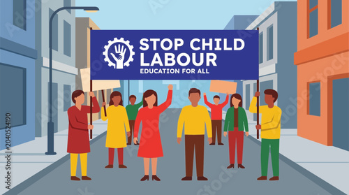 Fotografia Protest Banner Against Child Labour in Street Scene