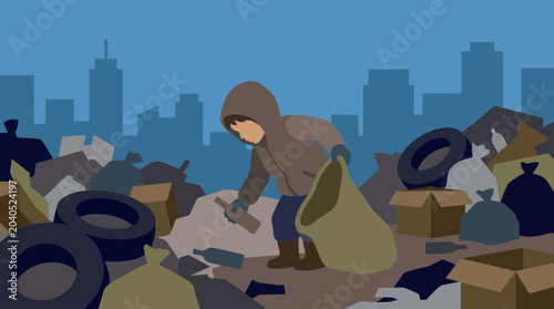 Canvastavla Small Child Collecting Garbage in Urban Dump