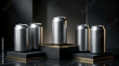 A group of silver cans on black pedestals in a dark room
