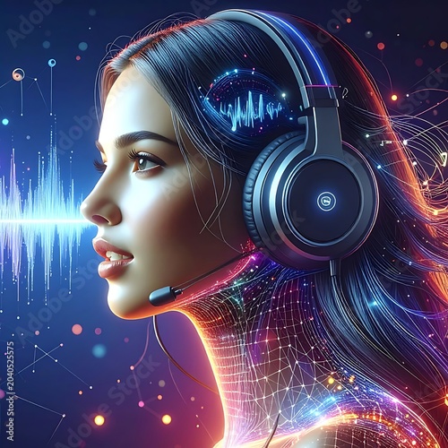 A futuristic woman wearing a headset against a vibrant digital background