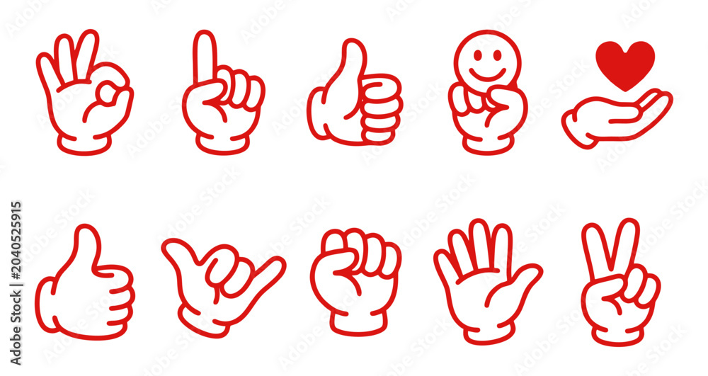 Fototapeta premium Hand Drawn Doodle Hand Gestures Vector Set – OK Sign, Peace Symbol, Victory Fingers, Pointing Hand and Positive Mascot Stickers