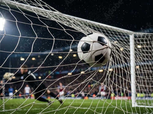 Quadro em tela Soccer ball hitting the net in a stadium at night