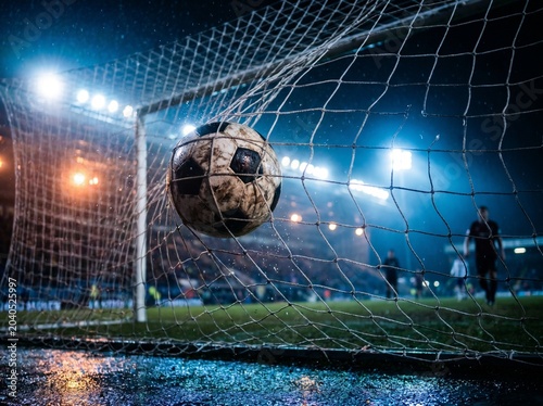 Fotografia Soccer ball hitting the net during a night football match
