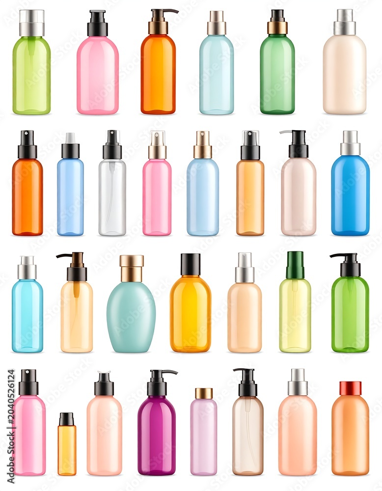Obraz premium A collection of colorful cosmetic bottles on a white background