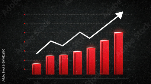 Red rising bar chart with white upward arrow on dark background