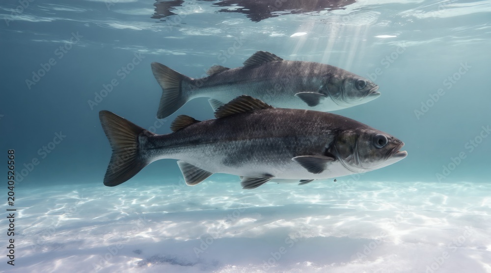 Fototapeta premium Two large fish swim in clear blue water near sandy bottom. Sunlight filters through water surface creating beautiful patterns on seabed. Aquatic animals move gracefully in their natural habitat.